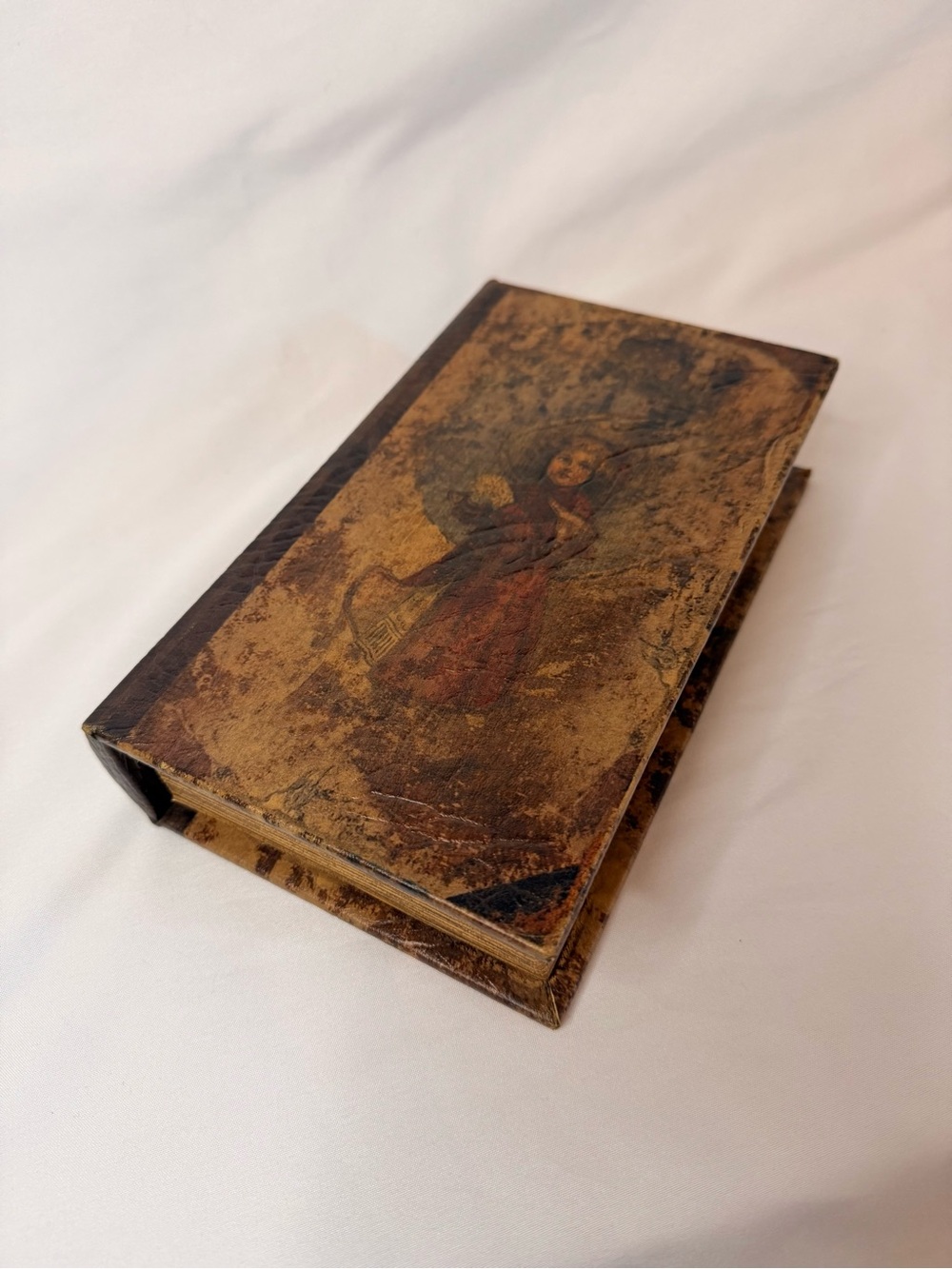 Faux Leather Decorative Book Box For Keepsakes w/ Victorian Lithograph